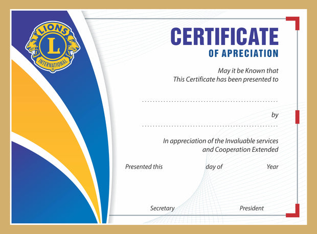 Lions Certificate of Appreciation