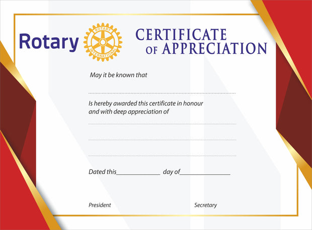 Rotary Certificate of Appreciation